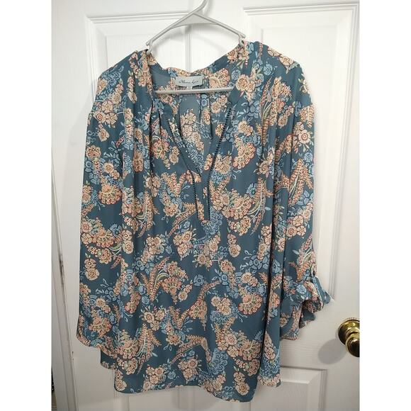 Meera Lane Woman 5X Blouse Semi Sheer Floral V Neck Pullover Flowy Roll Tab - Picture 1 of 10
